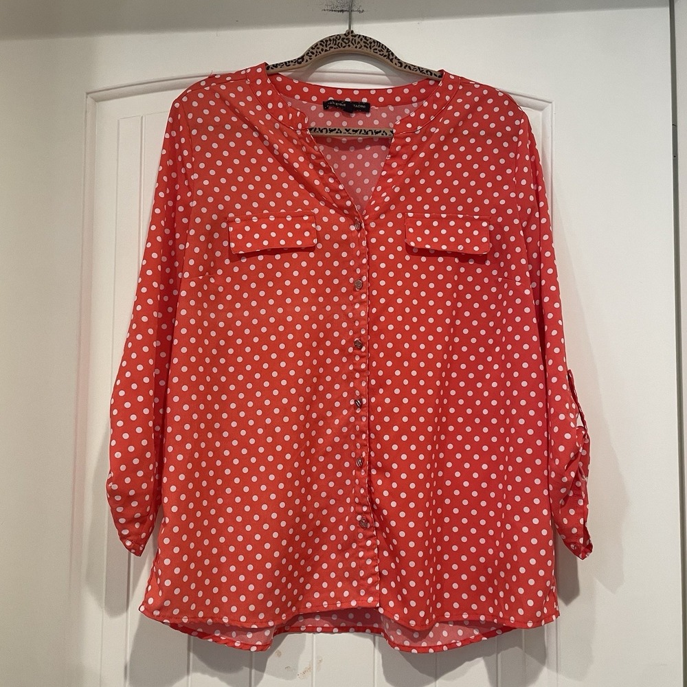 Adrienne Vittadini Women's Button Up Blouse Size XL Red Orange Polka Dot Shirt